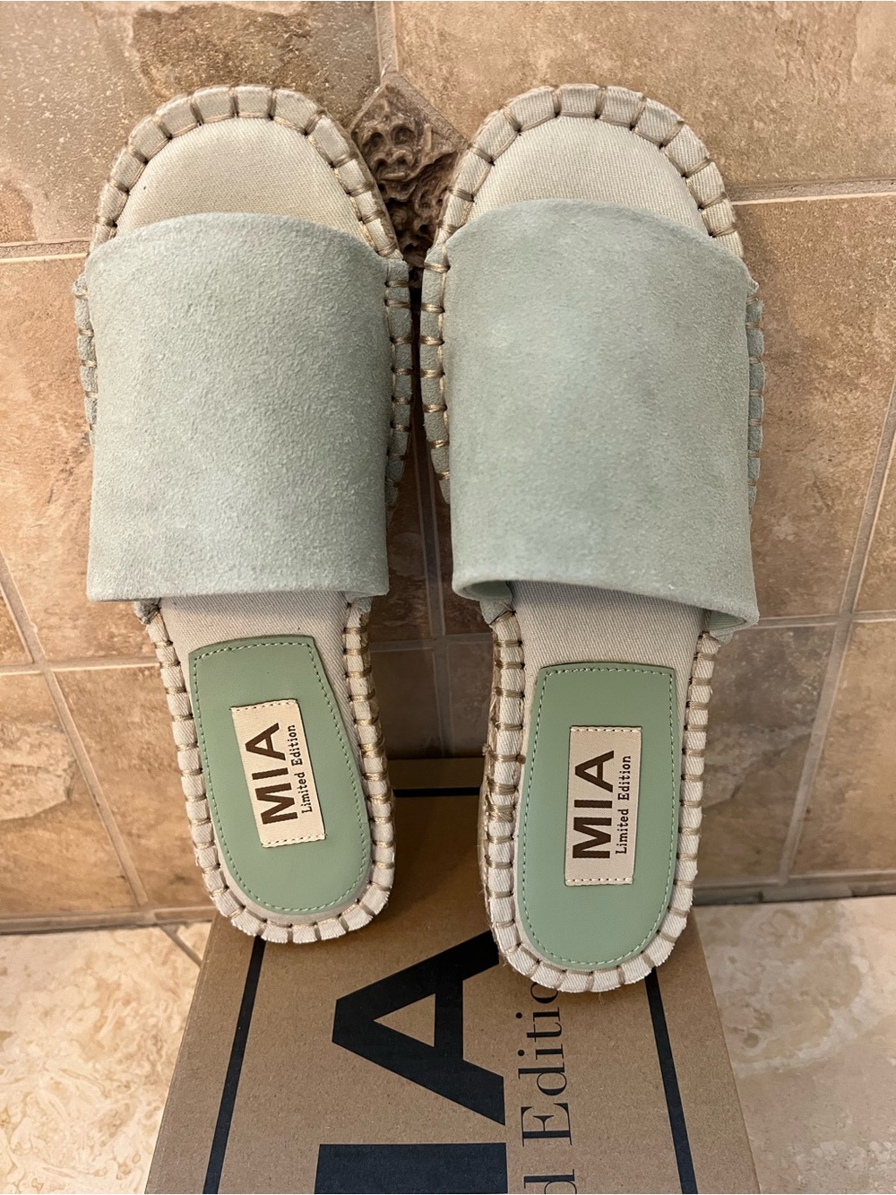 MIA Women's Limited Edition Sage Green Suede Slide Mules Sandals - Picture 2 of 5